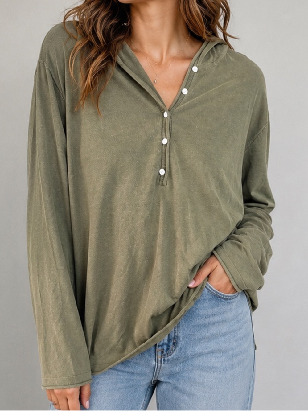Eddie Bauer XL Olive Linen Cotton Hooded Pullover Henley Top